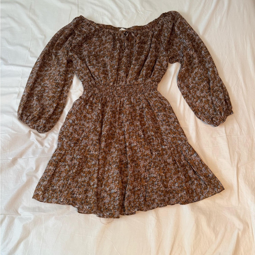 Bohme Floral Mini Dress Womens S Brown Boho Cottagecore Puff Sleeve